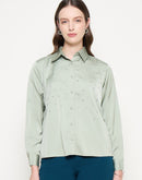 Madame Embellished Shirt Collar Solid Green Shirt