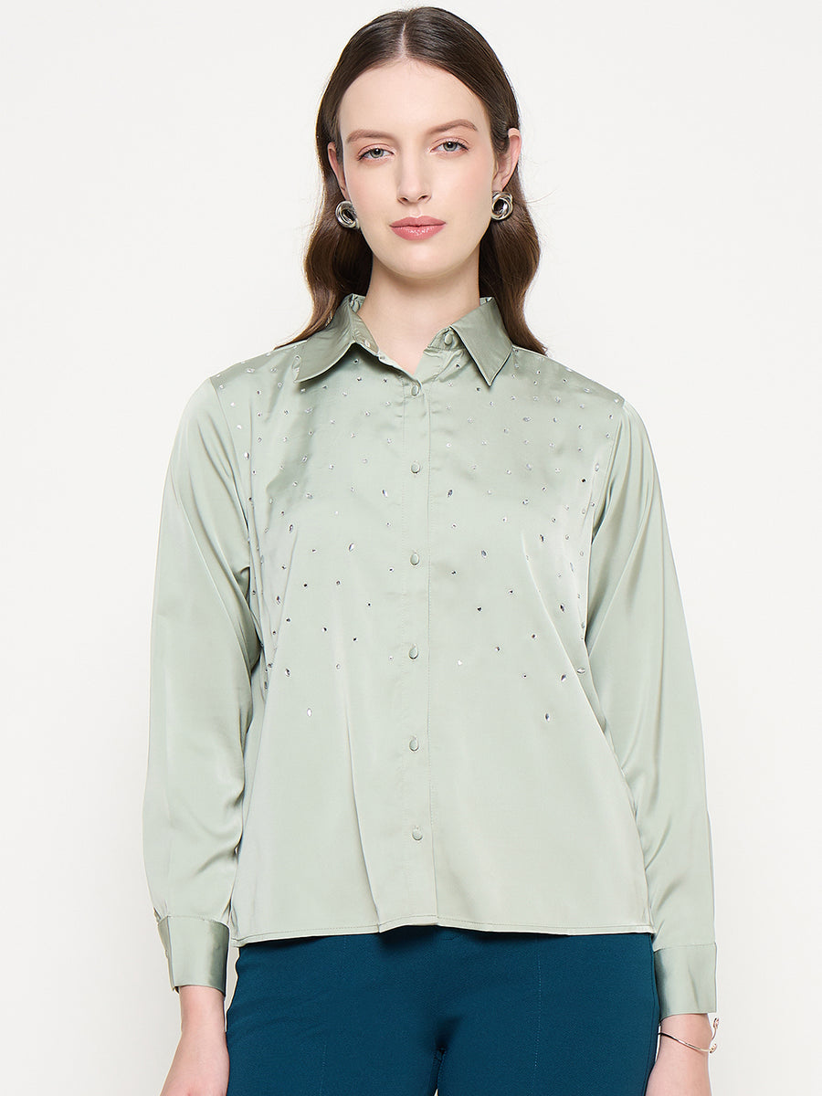 Madame Embellished Shirt Collar Solid Green Shirt