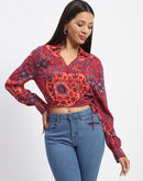 Madame Abstract Print Wrap Style Red Crop Shirt