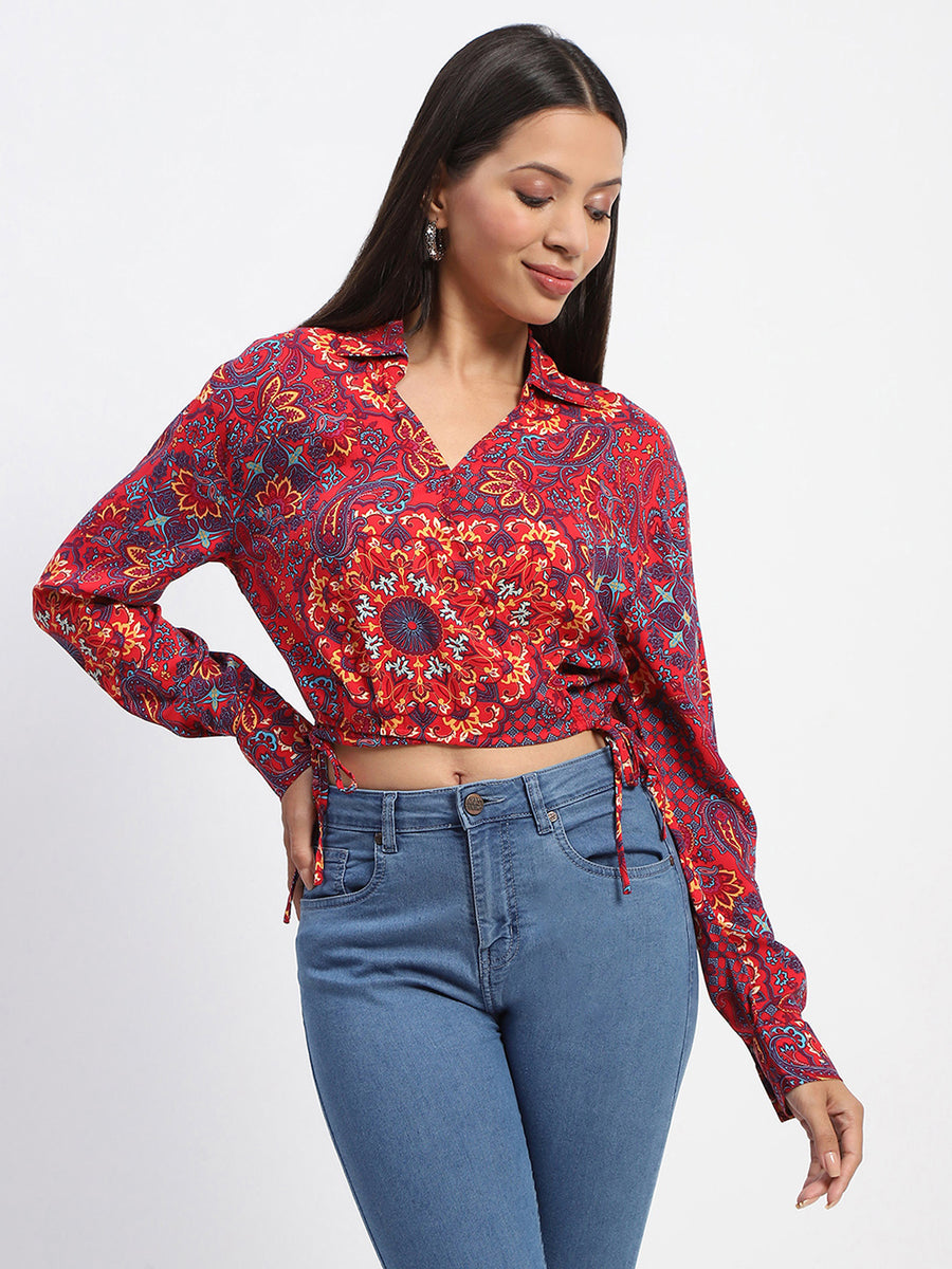 Madame Abstract Print Wrap Style Red Crop Shirt