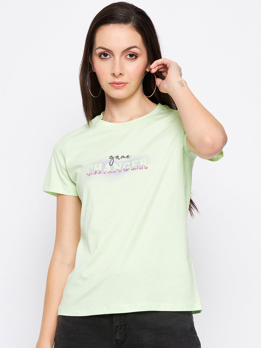 Madame Neon Green Typography Regular Fit Tshirt