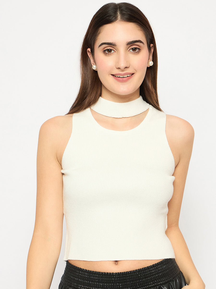 Madame Cutout Sleeveless Mock Neck Off White Sweater