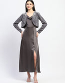 Madame Cowl Neck Solid Grey Satin Maxi Dress