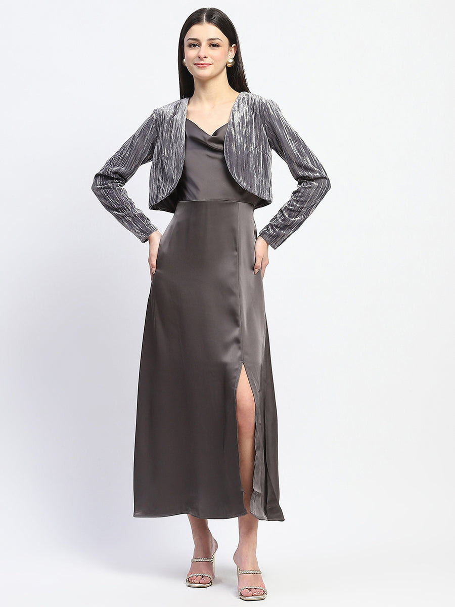 Madame Cowl Neck Solid Grey Satin Maxi Dress