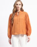 Madame Mock Neck Solid Orange Cotton Blend Top