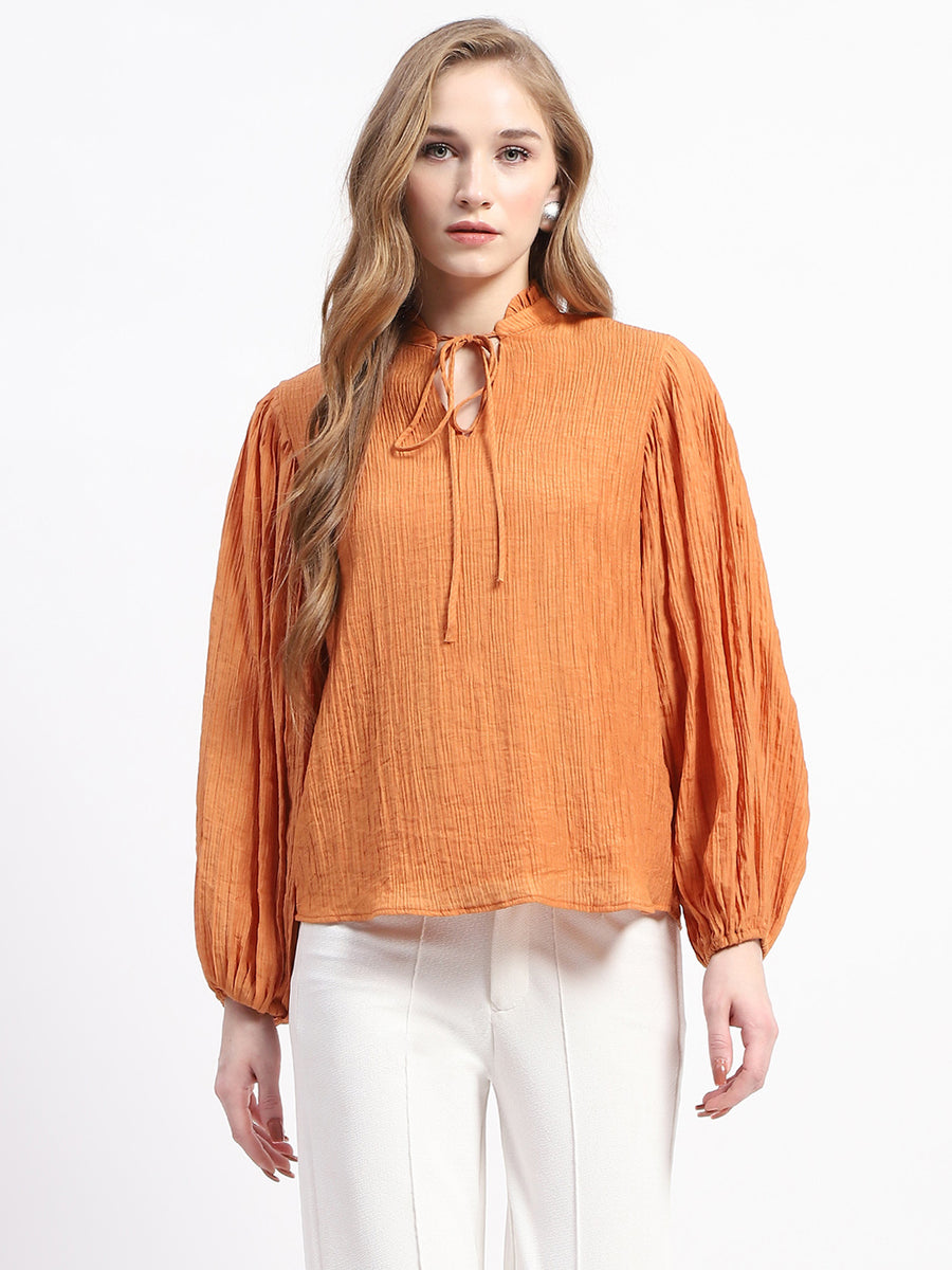 Madame Mock Neck Solid Orange Cotton Blend Top