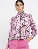 Madame Embellished Butterfly Print Mock Neck Mauve Top