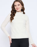 Madame Textured Mock Neck Solid Off White Top