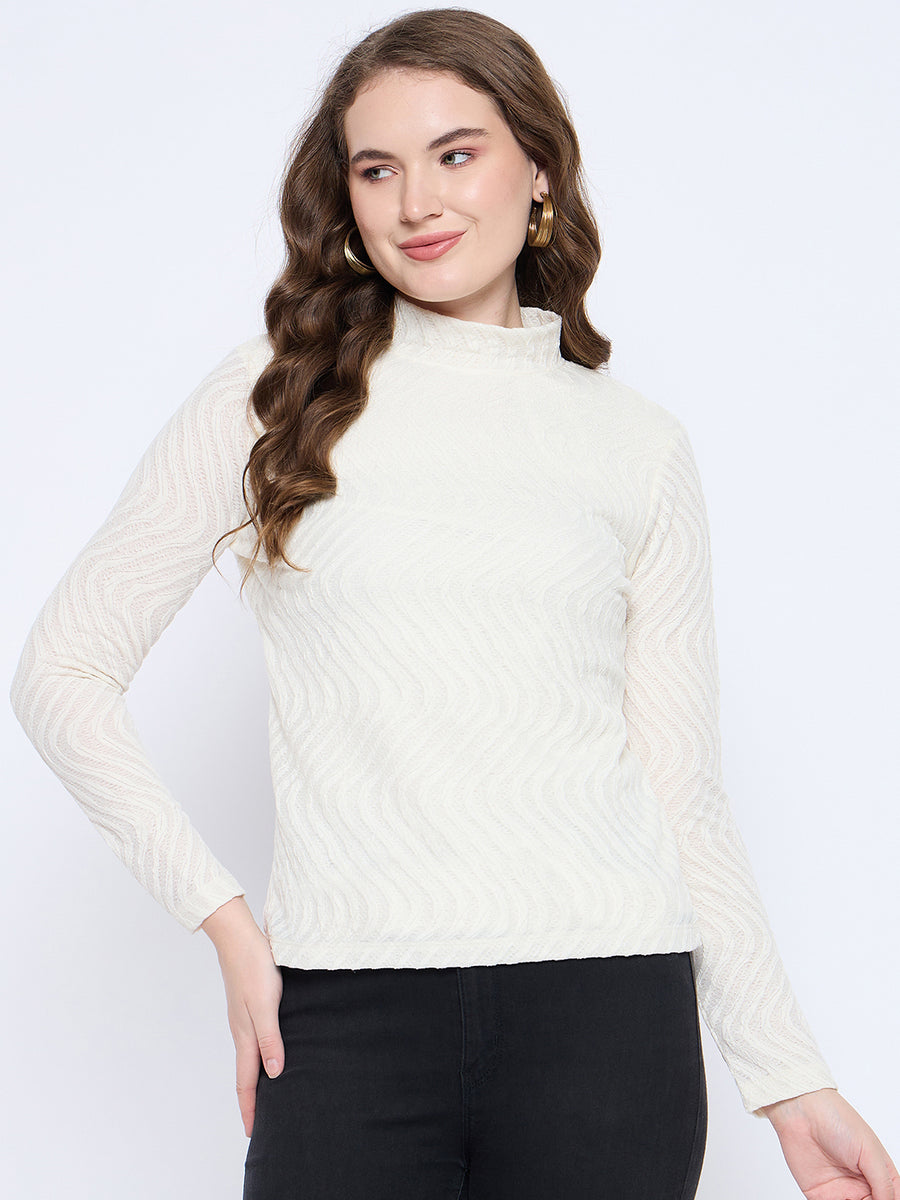 Madame Textured Mock Neck Solid Off White Top