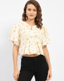 Madame Mandarin Collar  Ruffle Detailing Printed Cotton Peplum Top