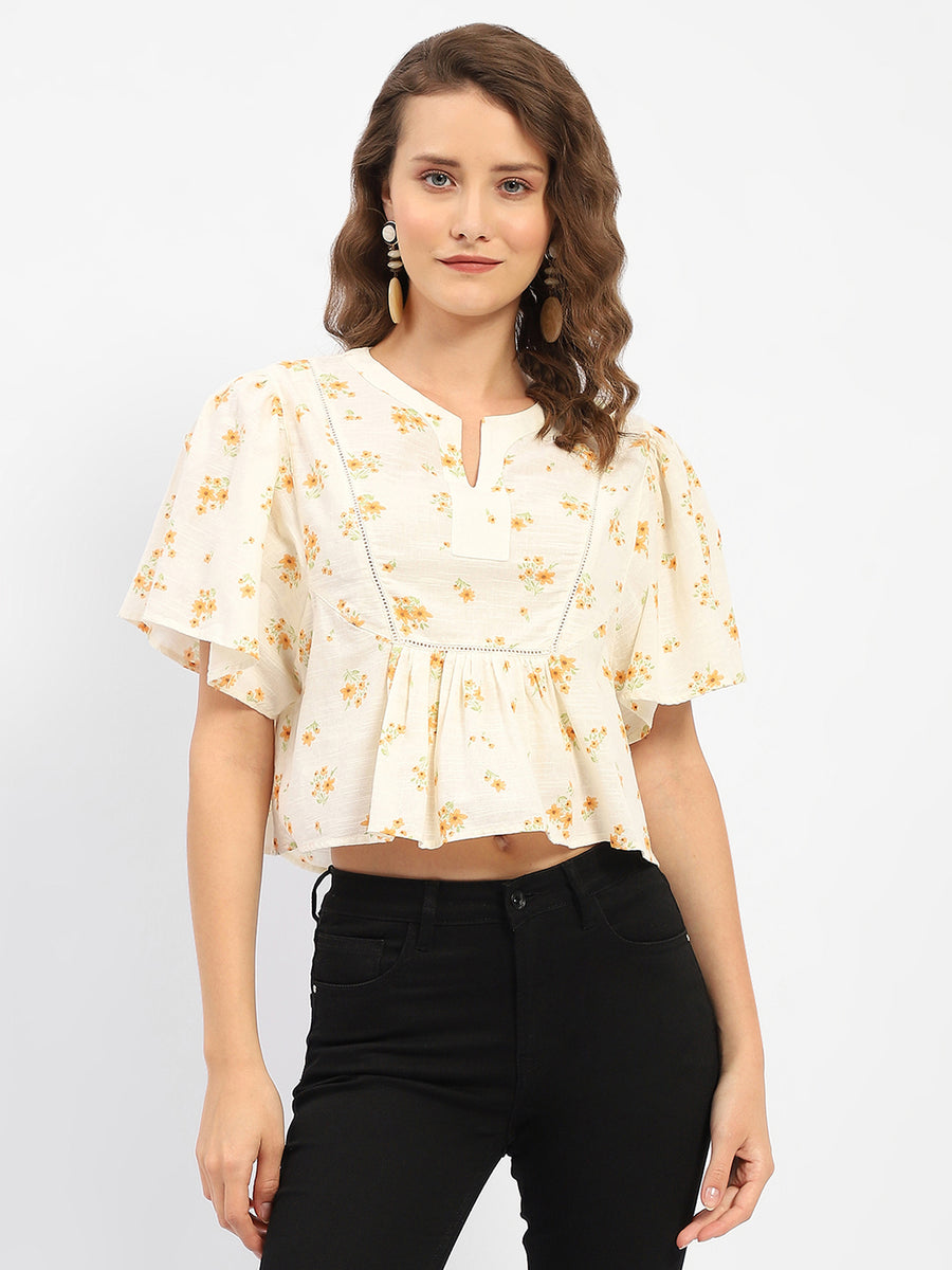 Madame Mandarin Collar  Ruffle Detailing Printed Cotton Peplum Top