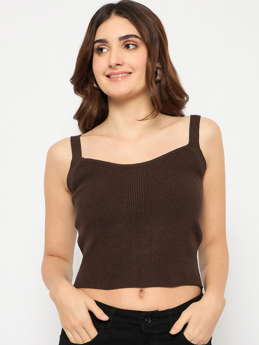 Madame Sleeveless Solid Coffee Brown Sweater