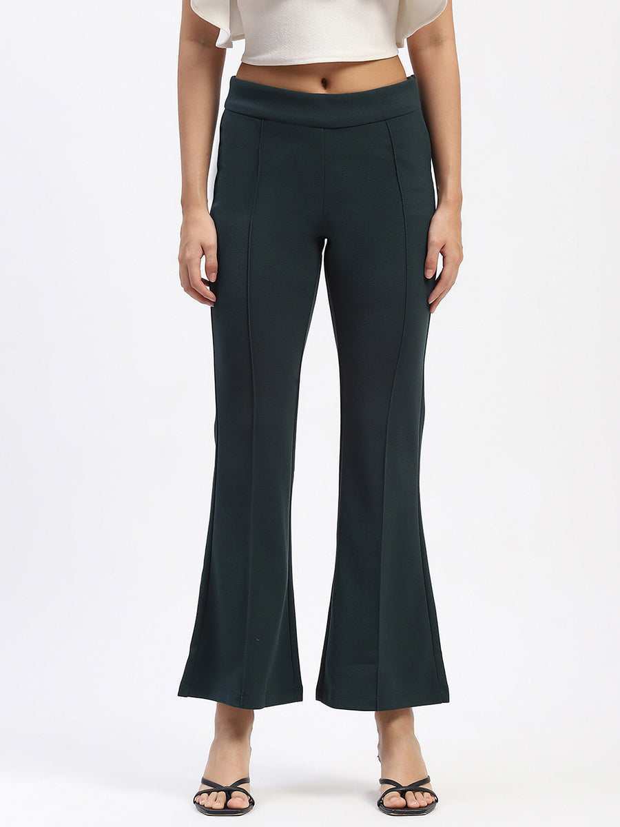 Madame Single Pleated Green Flared Trousers