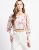 Madame Off White Floral Print Crop Top