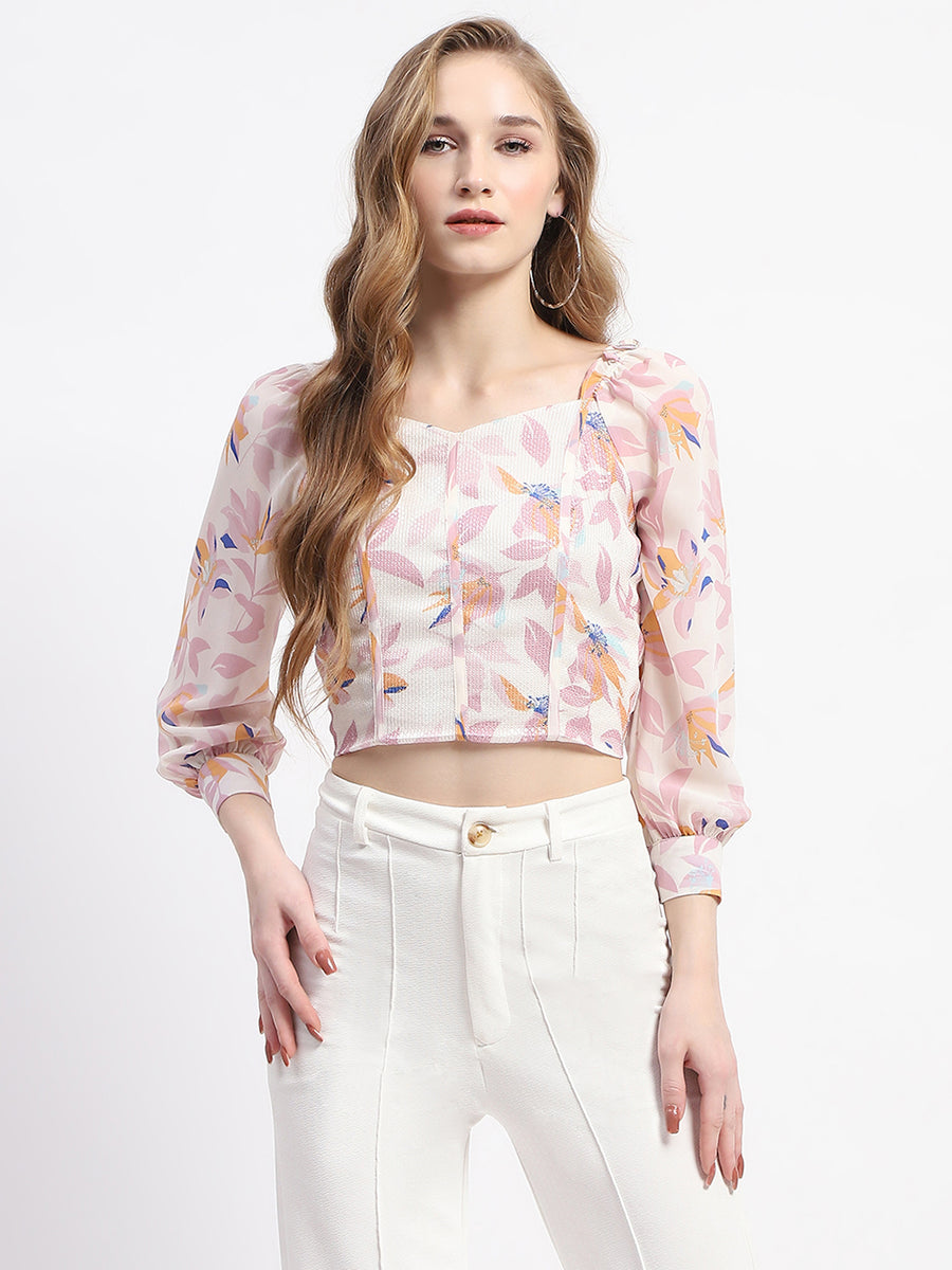 Madame Off White Floral Print Crop Top