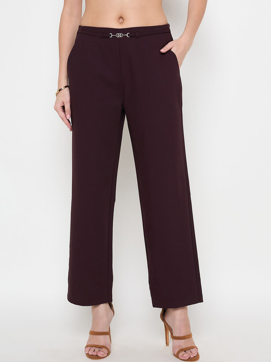 Madame Belted Straight Fit Wine Trousers