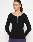 Madame Viscose Blend Open Shoulder With Zip Black Top