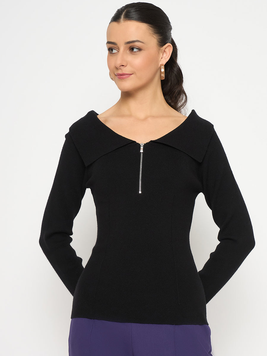 Madame Viscose Blend Open Shoulder With Zip Black Top