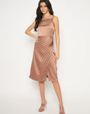 Madame Pleated Satin Light Brown Midi Dress