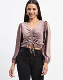 Madame Ruched V Neck Puff Sleeve Velvet Crop Top