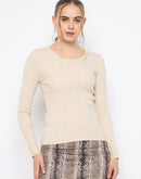 Madame Scalloped Neck Solid Beige Sweater