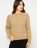 Madame Self Design Crew Neck Brown Sweater