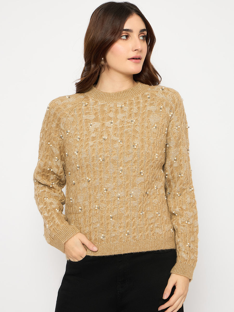 Madame Self Design Crew Neck Brown Sweater