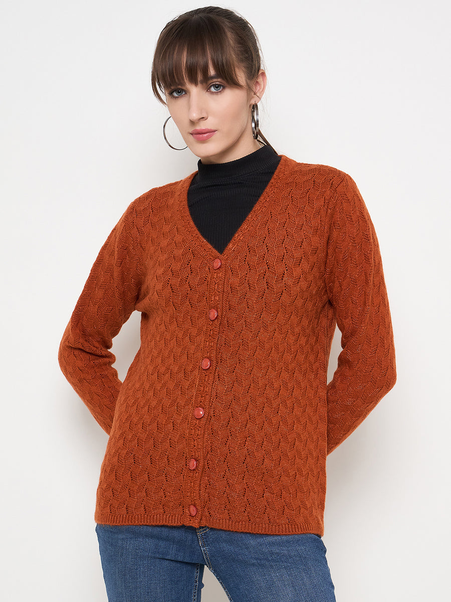 Madame Cable Knit Solid Burnt Orange Buttoned Cardigan