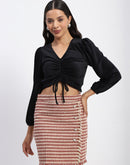 Madame Ruched V Neck Puff Sleeve Crop Top