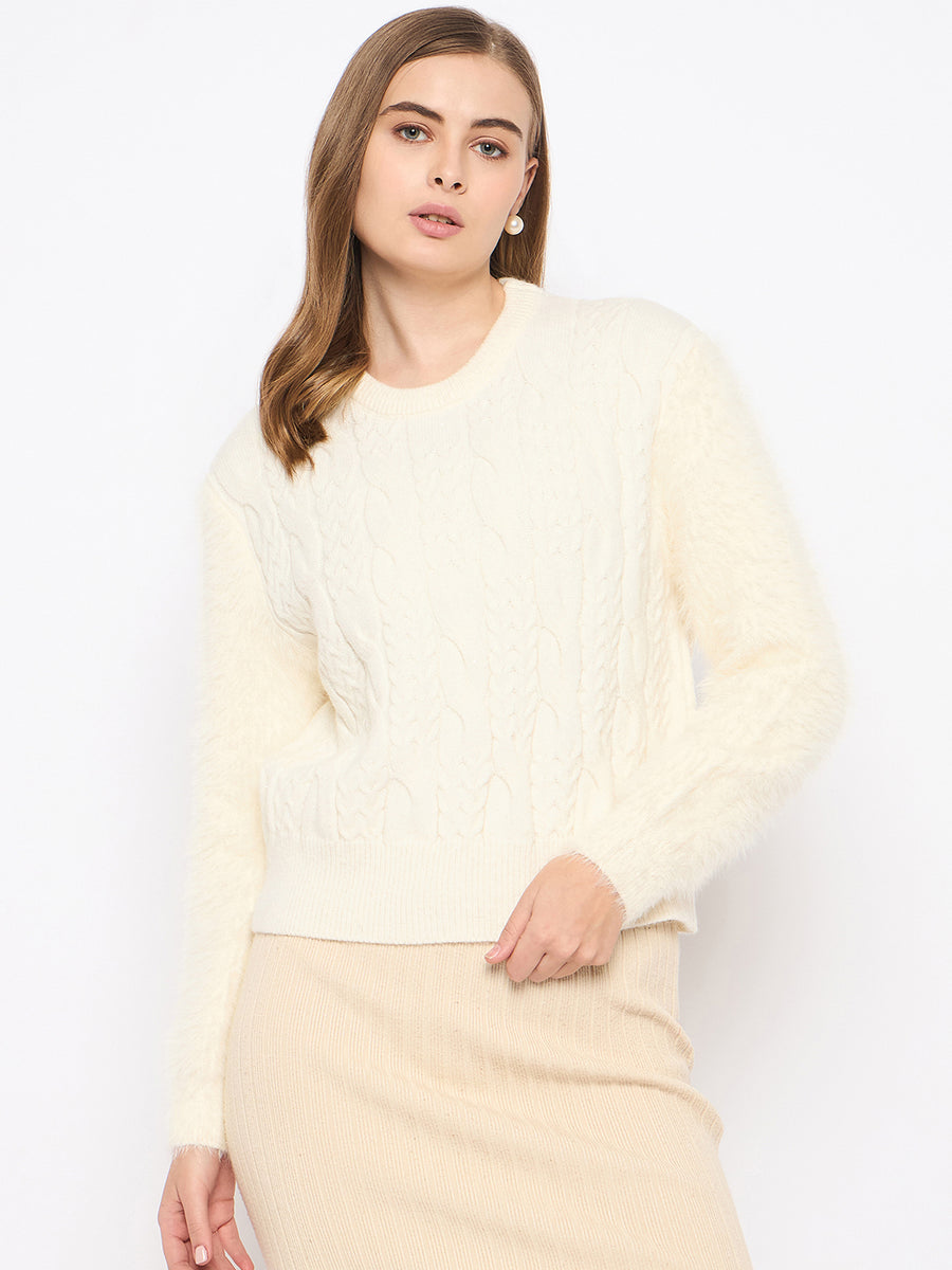 Madame Cable Knit Full Sleeve Off White Sweater