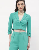 Madame Ruched Sleeve Jade Green Lapel Collar Crop Blazer