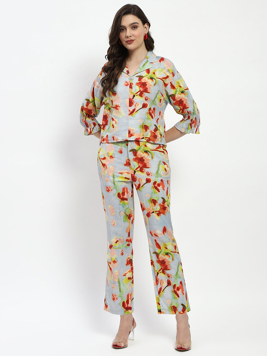 Madame Floral Print Cotton And Linen Teal Co-Ord Set