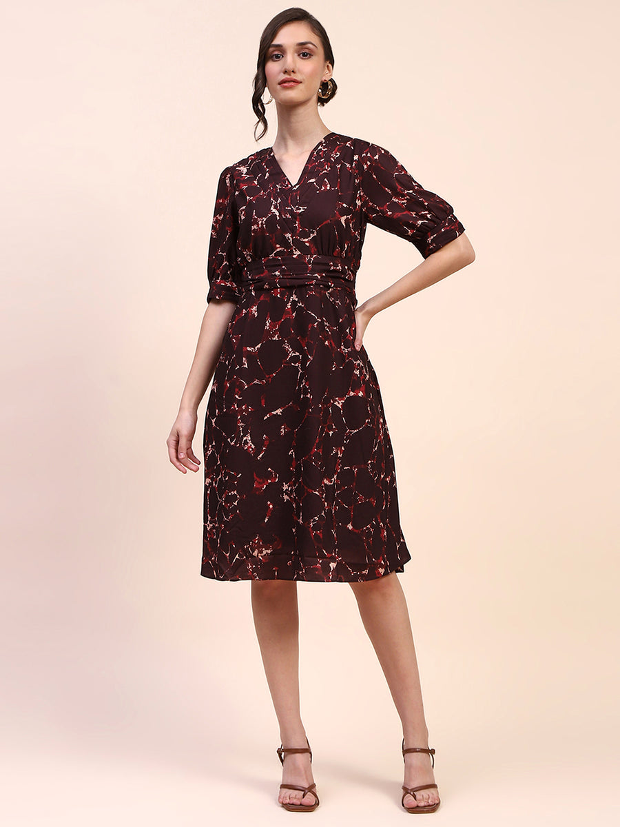 Camla Barcelona Abstract Print Cinched Waist Brown Mid Dress