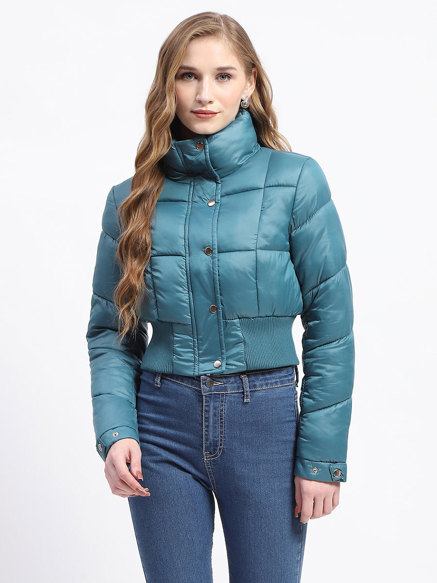 Madame Cropped Aqua Quilted Puffer High Neck Jacket