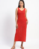 Madame V Neck Crochet Red Cotton Knitted Dress