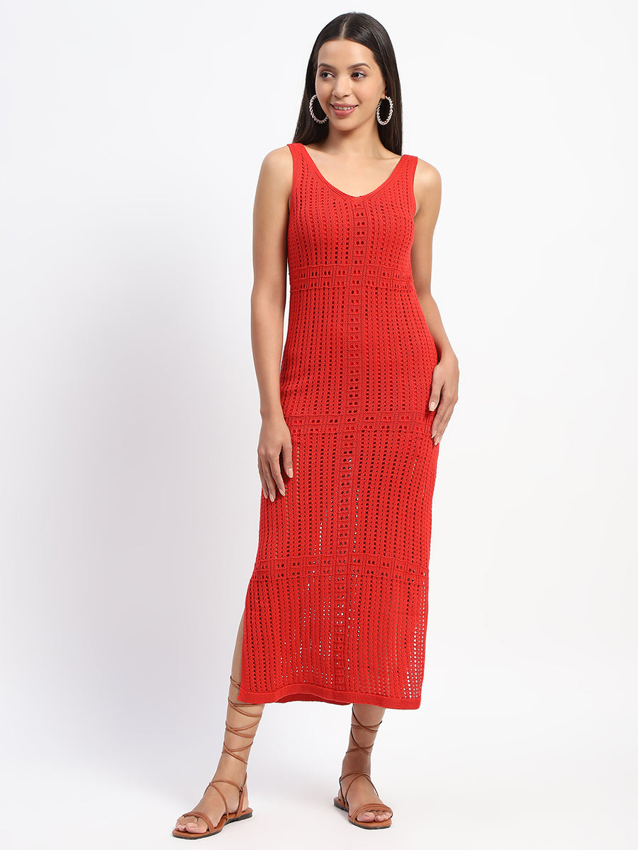 Madame V Neck Crochet Red Cotton Knitted Dress