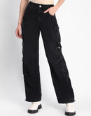 Madame Multi Pocketed Charcoal Black Cotton Denim Cargo