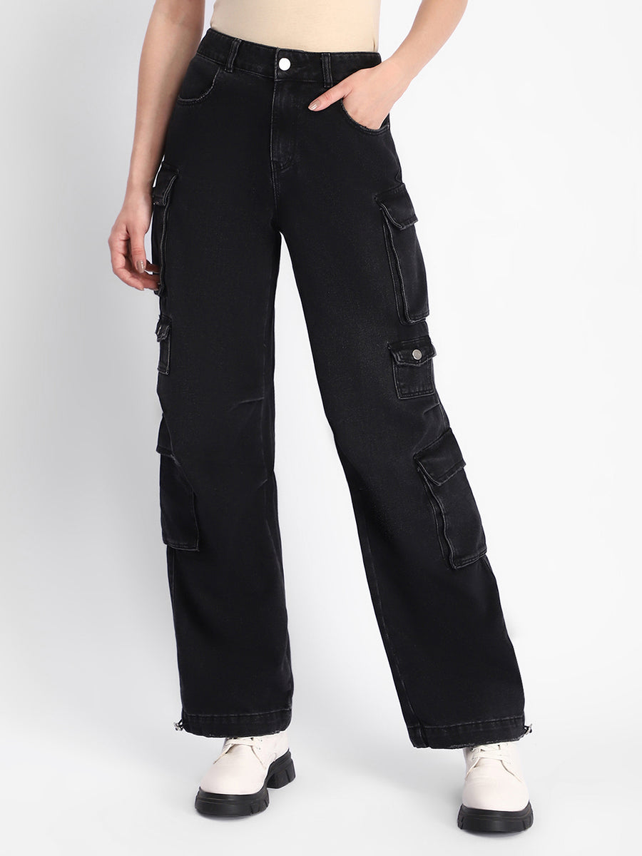 Madame Multi Pocketed Charcoal Black Cotton Denim Cargo