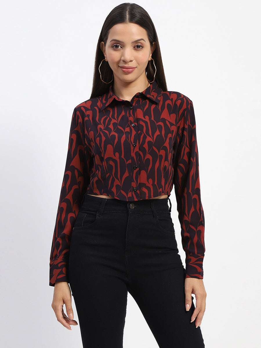 Madame Abstract Print Rust Crop Shirt