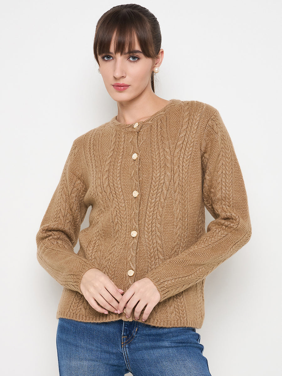 Madame Cable Knit Camel Acrylic Blend Cardigan