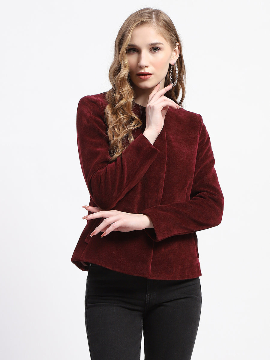 Madame Wine Red Emellished Button Short Coat