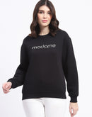 Madame Fleece Handwork And Embroidered Black Sweatshirt  For Women