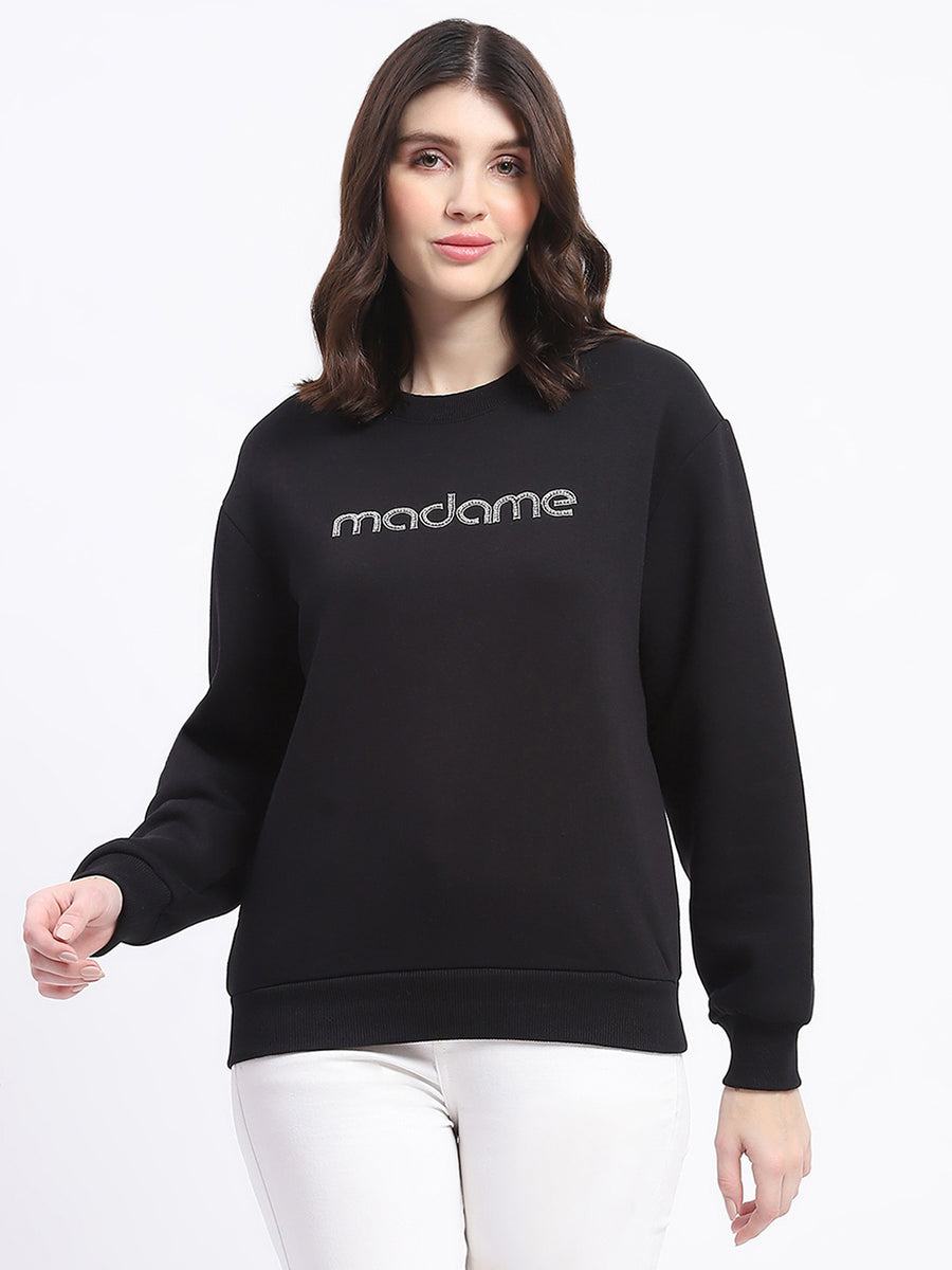 Madame Fleece Handwork And Embroidered Black Sweatshirt  For Women