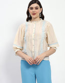 Madame Bridgerton Embroidered Mock Neck Beige Rayon Shirt