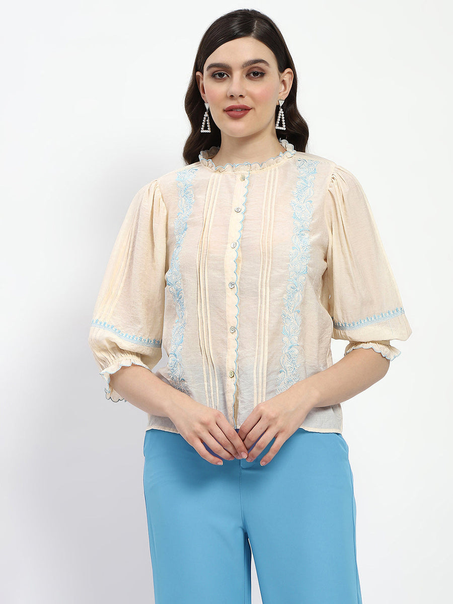 Madame Bridgerton Embroidered Mock Neck Beige Rayon Shirt