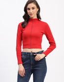 Madame Ribbed Mock Neck Zipped Red Crop Top