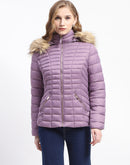 Madame Faux Fur Trimmed Hood Quilted Mauve Puffer Jacket