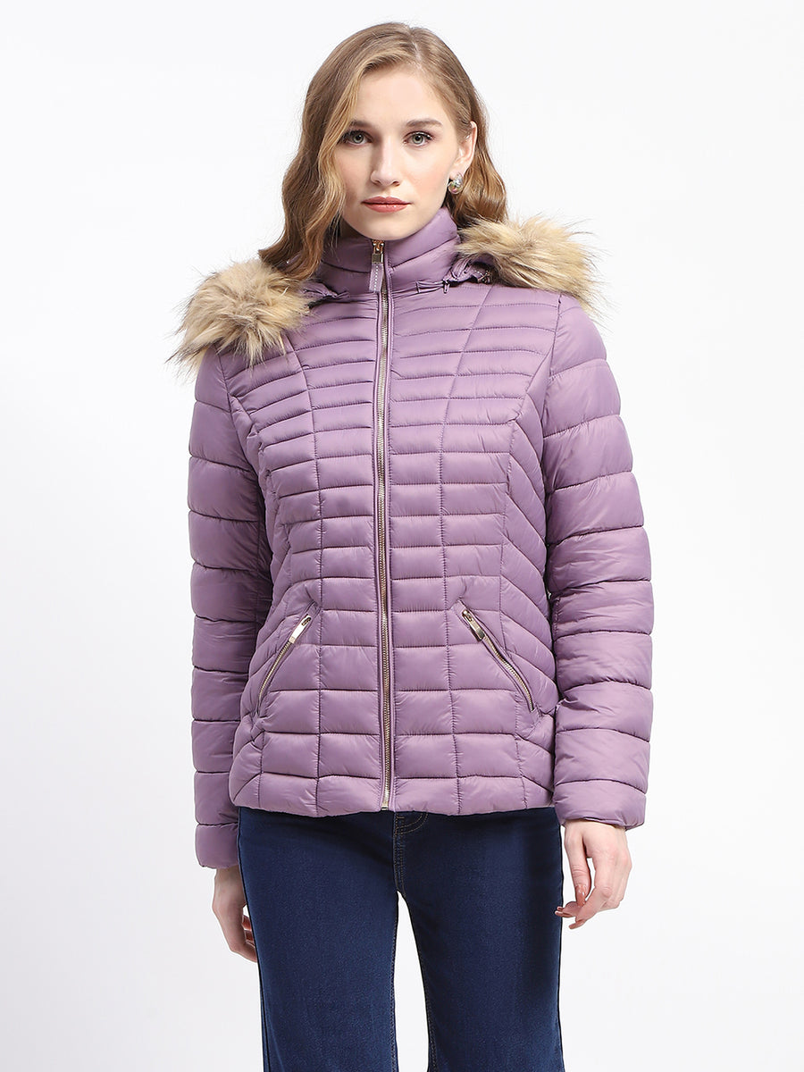 Madame Faux Fur Trimmed Hood Quilted Mauve Puffer Jacket