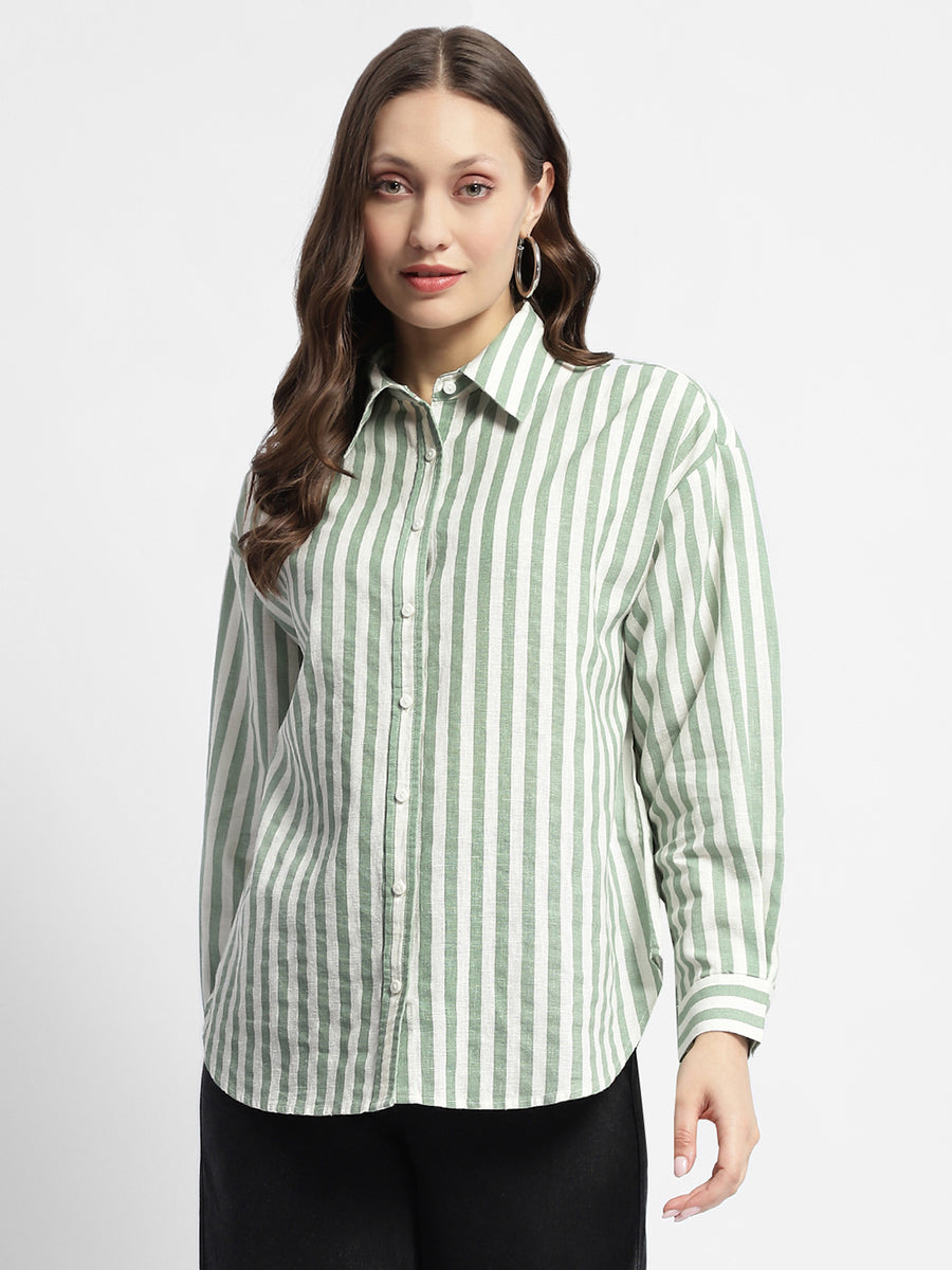 Madame Dusty Green And White Striped Regular Shirt