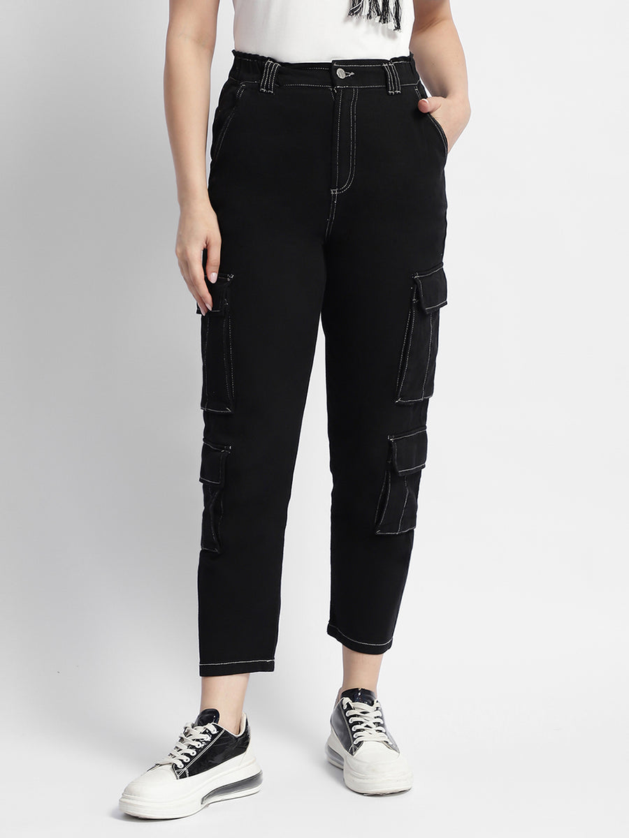 Madame Mid Rise Tapered Fit Black Cargo